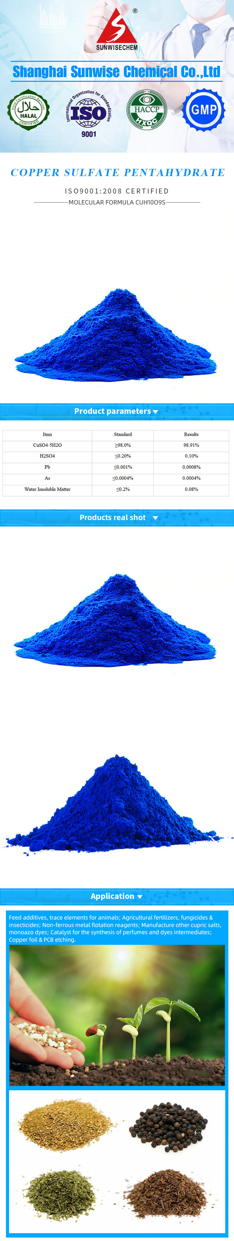 Copper Sulphate Pentahydrate Feed Grade 98.5%Min, CAS. No: 7758-99-8