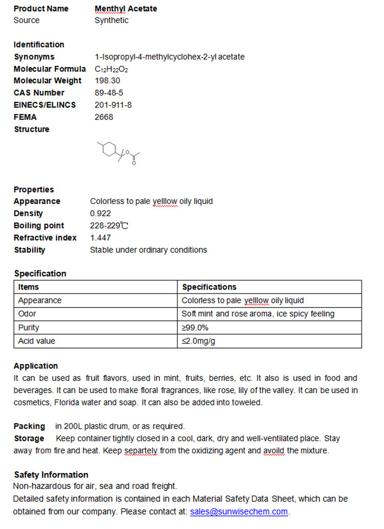 Top Quality Transparent Liquid Menthyl Acetate CAS 89-48-5 Factory Supply